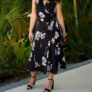 True, tea-length wrap dress with seam detail